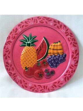 Decorative Plate Fruit VTG Colorful Terracotta Clay Hand Painted & Glazed Wall